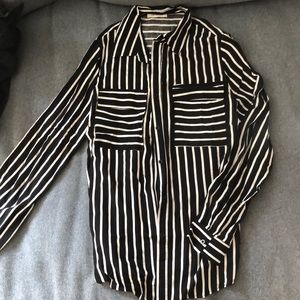 Black and white striped button up blouse